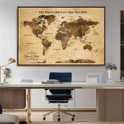 50680593-MGV-FC-36X24_Walnut-Personalized World Map Wall Art – Rustic Brown Adventure Travel Map with Custom Names, Elegant Push Pin Canvas for Couples Home,