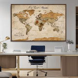 91961147-MGV-CV-36X24-Personalized World Map Wall Art – Vintage Sepia Adventure Travel Map with Custom Couple Names, Rustic Wall Decor for Home, Couples