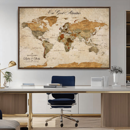 91961147-MGV-CV-36X24-Personalized World Map Wall Art – Vintage Sepia Adventure Travel Map with Custom Couple Names, Rustic Wall Decor for Home, Couples