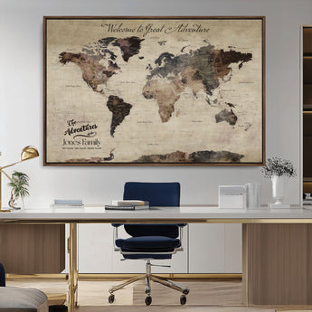 78610079-MGV-CV-36X24-Personalized World Map Wall Art – Vintage Rustic Travel Map with Custom Family Name, Adventure Wall Decor for Home, Family Gift or