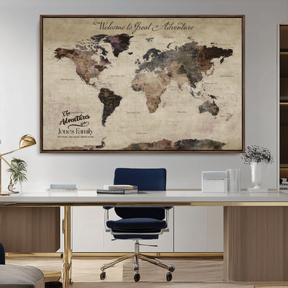 78610079-MGV-CV-36X24-Personalized World Map Wall Art – Vintage Rustic Travel Map with Custom Family Name, Adventure Wall Decor for Home, Family Gift or