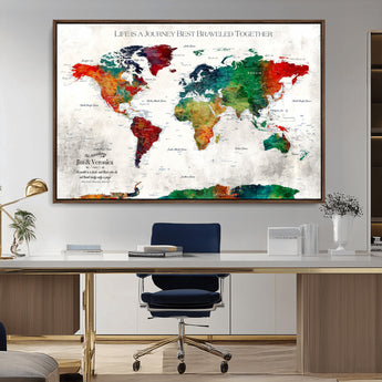 95876117-MGV-CV-36X24-Personalized World Map Wall Art – Colorful Watercolor Travel Map with Custom Names, Romantic Wall Decor for Couples, Wedding or