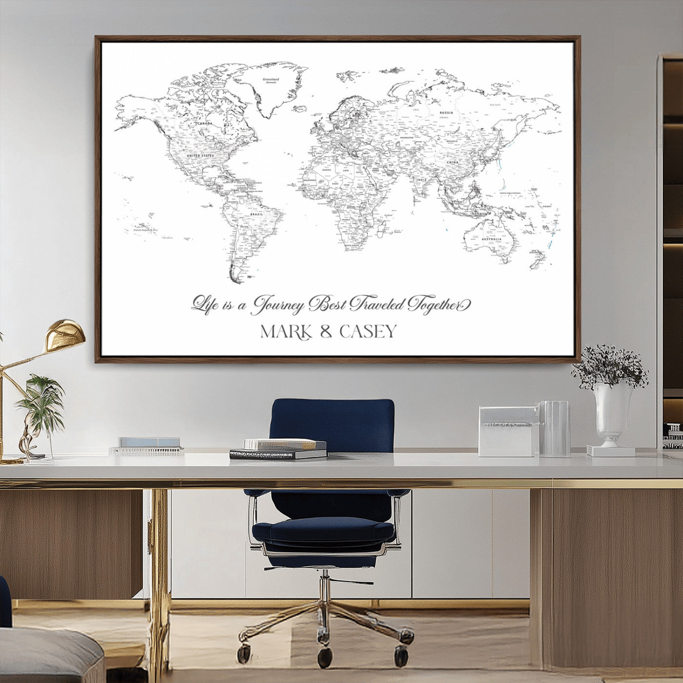 43438578-MGV-CV-36X24-Personalized World Map Wall Art – Black and White Minimal Travel Map with Custom Names, Elegant Wall Decor for Couples, Wedding or