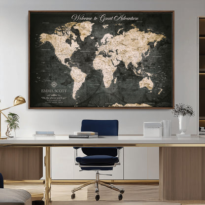 70534097-MGV-CV-36X24-Personalized World Map Wall Art – Dark Vintage Adventure Style Travel Map with Custom Names, Unique Wall Decor for Couples, Home