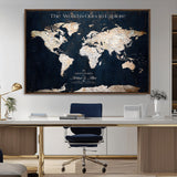 13231361-MGV-CV-36X24-Personalized World Map Wall Art – Navy Blue Vintage Adventure Travel Map with Custom Names, Elegant Push Pin Canvas for Couples