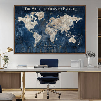 16933330-MGV-CV-36X24-Personalized World Map Wall Art – Navy Blue Vintage Travel Map with Custom Names, Anniversary Gift for Couples Romantic Adventure