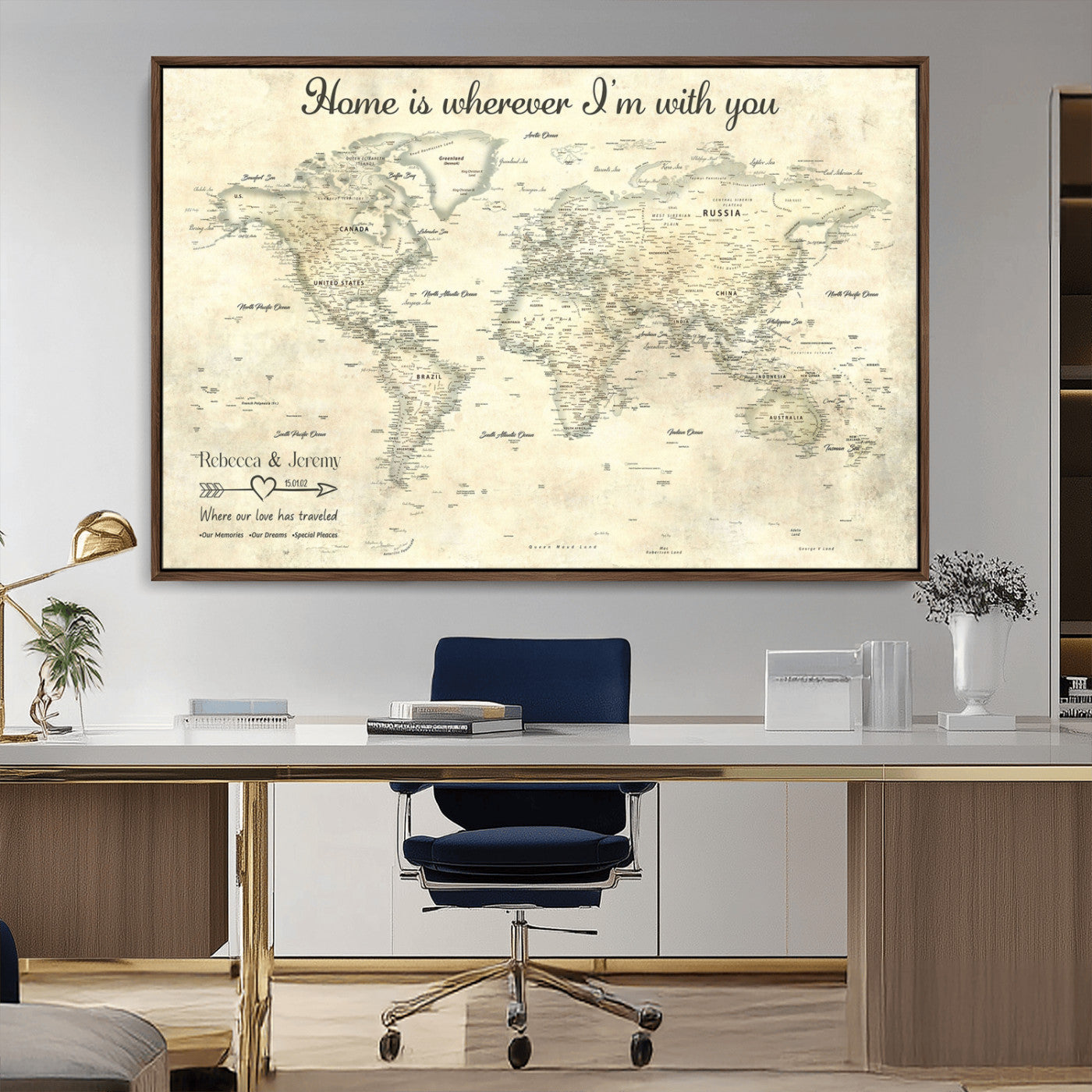 35009043-MGV-CV-36X24-Personalized World Map Wall Art – Vintage Beige Travel Map with Custom Names and Date, Romantic Anniversary Gift for Couples Home