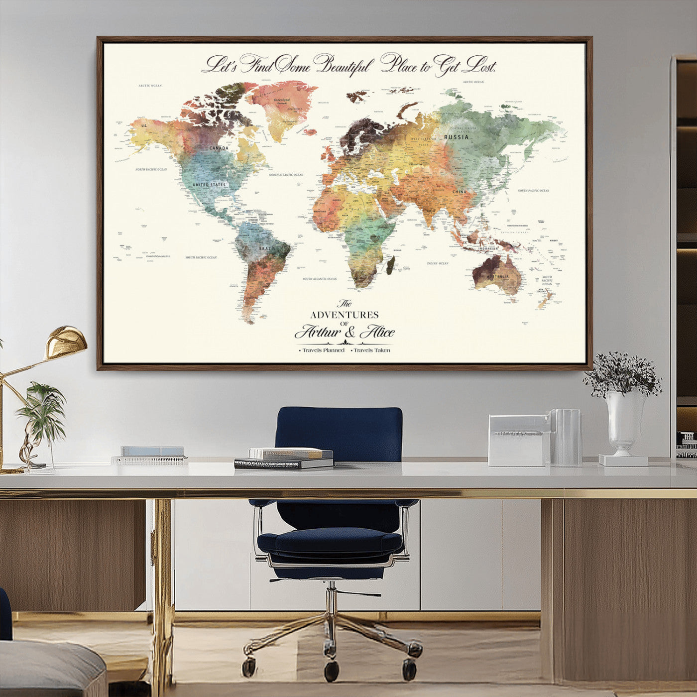 10311652-MGV-CV-36X24-Personalized World Map Wall Art - Watercolor Travel Map with Custom Names Minimalist Design for Couples&Families - Decor for Home,