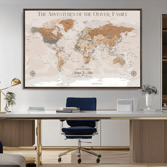 34289723-MGV-CV-36X24-Personalized World Map Wall Art – Elegant Beige and Brown Adventure Map Canvas Print for Family Home, Living Room, Study or Office