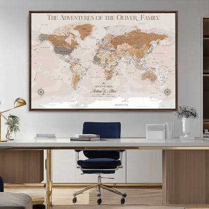 34289723-MGV-CV-36X24-Personalized World Map Wall Art – Elegant Beige and Brown Adventure Map Canvas Print for Family Home, Living Room, Study or Office