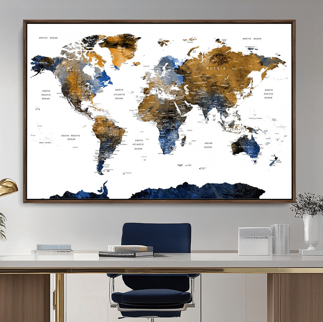 MGV-FC-36X24 - World Map Wall Art Canvas Print, Framed Blue Gold Map Art Picture Print, Rustic Atlas Perfect Rustic Modern Decor Artwork