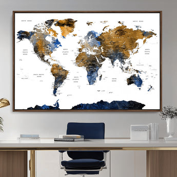 MGV-FC-36X24 - World Map Wall Art Canvas Print, Framed Blue Gold Map Art Picture Print, Rustic Atlas Perfect Rustic Modern Decor Artwork