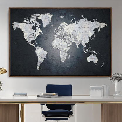 MGV-FC-36X24 - Monochrome World Map Wall Art Canvas Print, Framed Minimalist Map Art Picture Print, Modern Atlas Perfect Modern Minimalist Decor Artwork