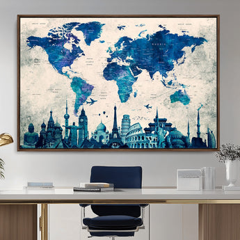 MGV-FC-36X24 - Blue World Map Wall Art Canvas Print, Framed Iconic Landmarks Art Picture Print, Blue Globe Map Perfect Elegant Explorer Decor Artwork