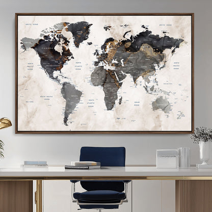 MGV-FC-36X24 - World Map Wall Art Canvas Print, Framed Rustic Map Art Picture Print, Antique Map Perfect Rustic Explorer Decor Artwork