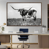 83785-MGV-CV-36X24-Texas Longhorn Wall Art Canvas Print, Framed Horned Bull Art Picture Print, Monochrome Cattle Perfect Rustic Western Decor Artwork
