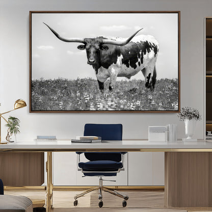 83785-MGV-CV-36X24-Texas Longhorn Wall Art Canvas Print, Framed Horned Bull Art Picture Print, Monochrome Cattle Perfect Rustic Western Decor Artwork