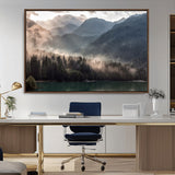 64758-MGV-FC-36X24_Walnut-Misty Mountains Wall Art Canvas Print, Framed Moody Pines Art Picture Print, Forest Lake Perfect Moody Alpine Decor Artwork