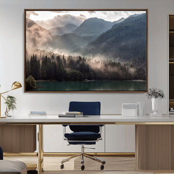 64758-MGV-FC-36X24_Walnut-Misty Mountains Wall Art Canvas Print, Framed Moody Pines Art Picture Print, Forest Lake Perfect Moody Alpine Decor Artwork