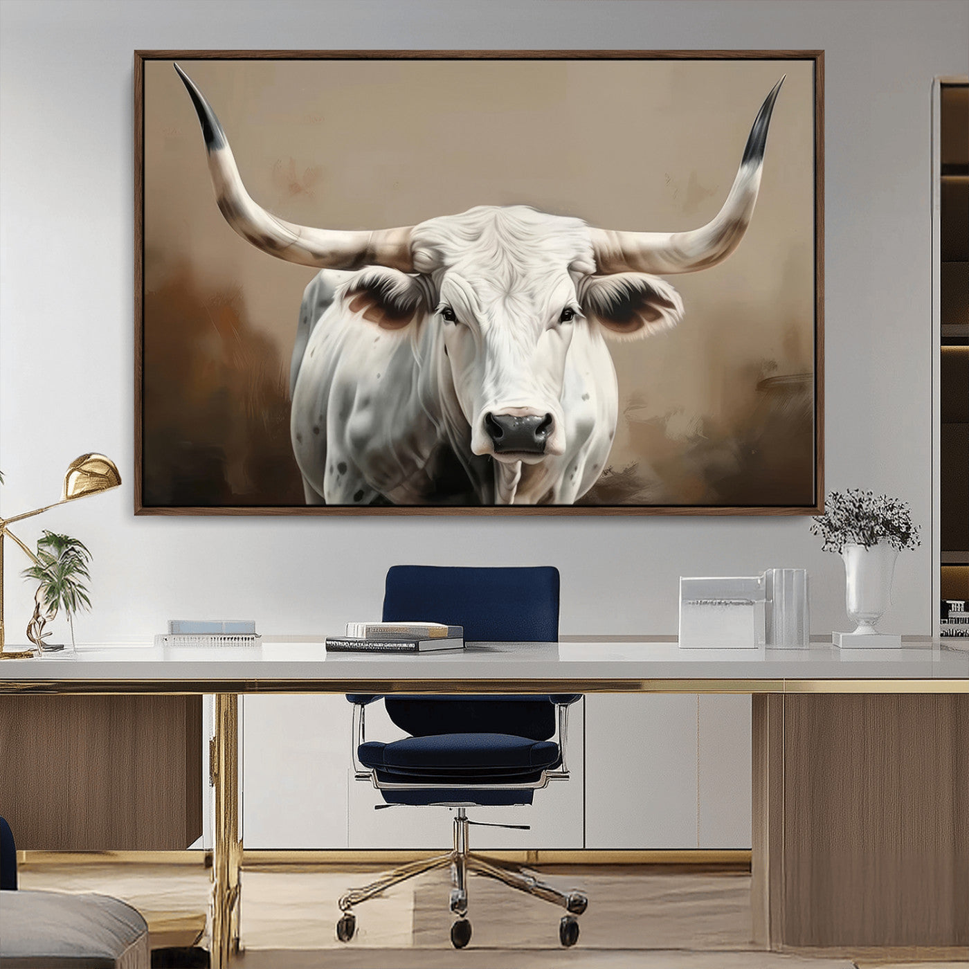63550-MGV-CV-36X24-Texas Longhorn Wall Art Canvas Print, Framed White Bull Art Picture Print, Horned Cattle Perfect Rustic Western Decor Artwork