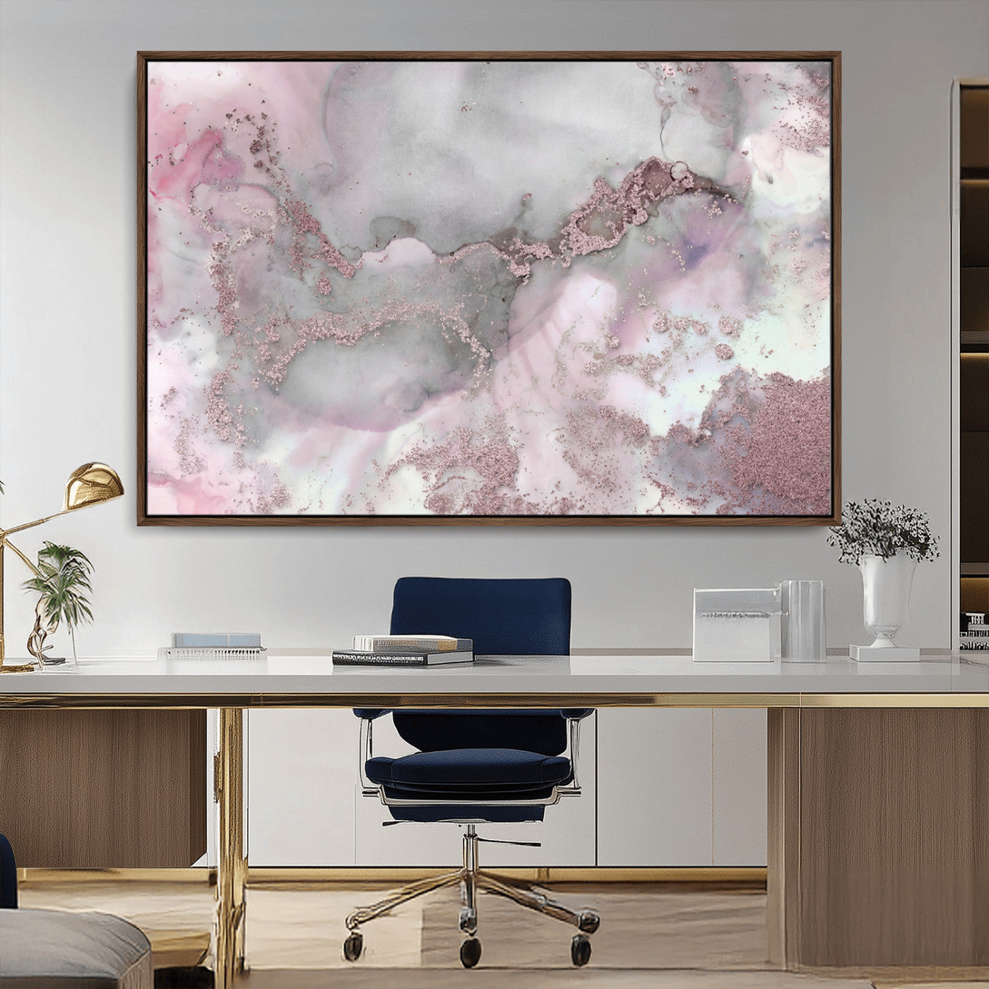 16416-MGV-CV-36X24-Blush Marble Wall Art Canvas Print, Framed Rose Gold Art Picture Print, Pink Cloudy Perfect Modern Glam Decor Artwork
