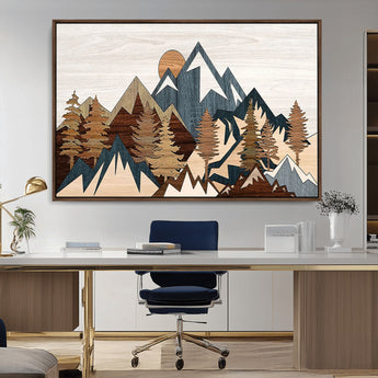 80300-MGV-CV-36X24-Geometric Mountains Wall Art Canvas Print, Framed Stylized Trees Art Picture Print, Graphic Forest Perfect Rustic Abstract Decor