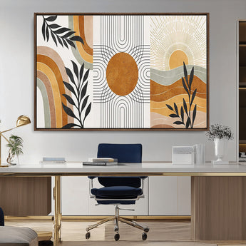 32359-MGV-CV-36X24-Modern Sun Wall Art Canvas Print, Framed Retro Horizon Art Picture Print, Sunburst Design Perfect Mid Century Boho Decor Artwork