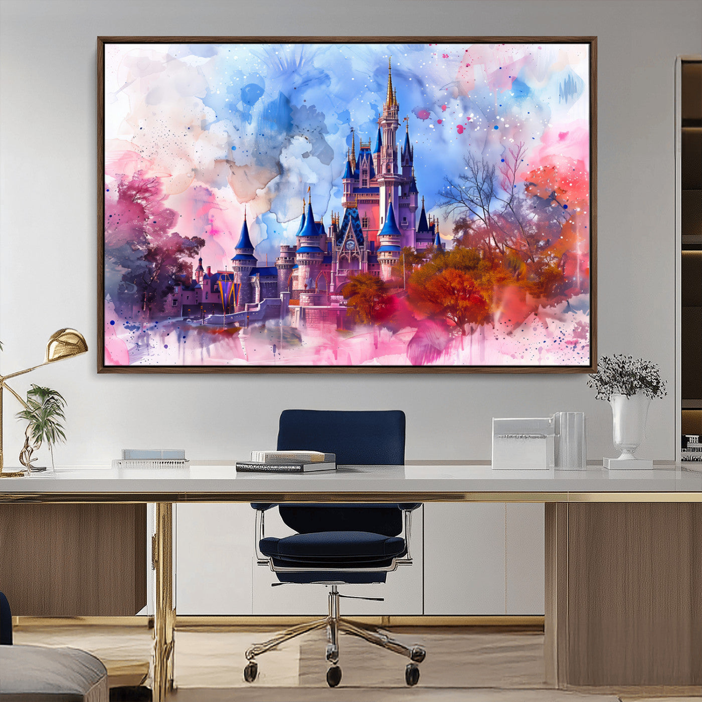 15129-MGV-FC-36X24_Walnut-Disney Castle Wall Art Canvas Print, Framed Cinderella Palace Art Picture Print, Fantasy Kingdom Perfect Whimsical Fairytale Decor