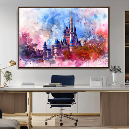 15129-MGV-FC-36X24_Walnut-Disney Castle Wall Art Canvas Print, Framed Cinderella Palace Art Picture Print, Fantasy Kingdom Perfect Whimsical Fairytale Decor