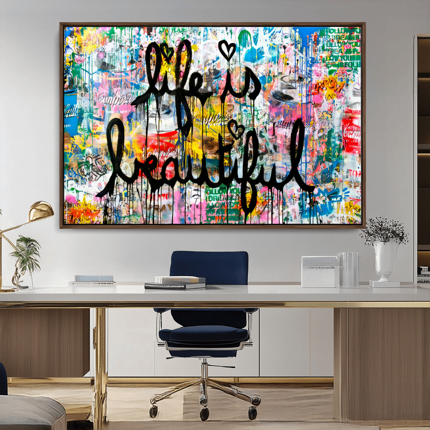 36856-MGV-FC-36X24_Walnut-Life Is Beautiful Wall Art – Colorful Graffiti Canvas Print, Modern Street Style Artwork, Inspirational Decor for Living Room,