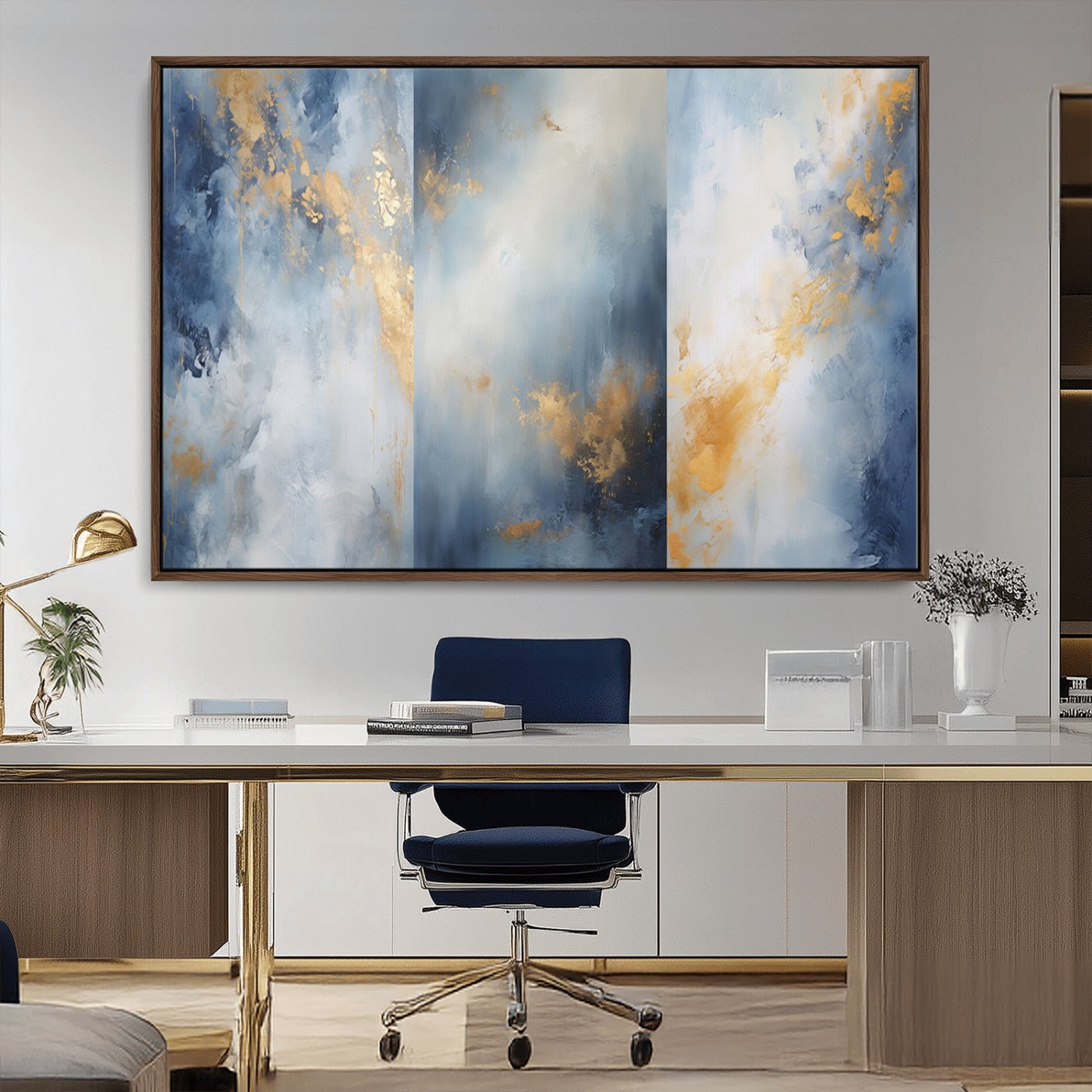 41836-MGV-FC-36X24_Walnut-Abstract Gold Wall Art Canvas Print, Framed Blue Layers Art Picture Print, Elegant Cloud Perfect Elegant Minimalist Decor Artwork
