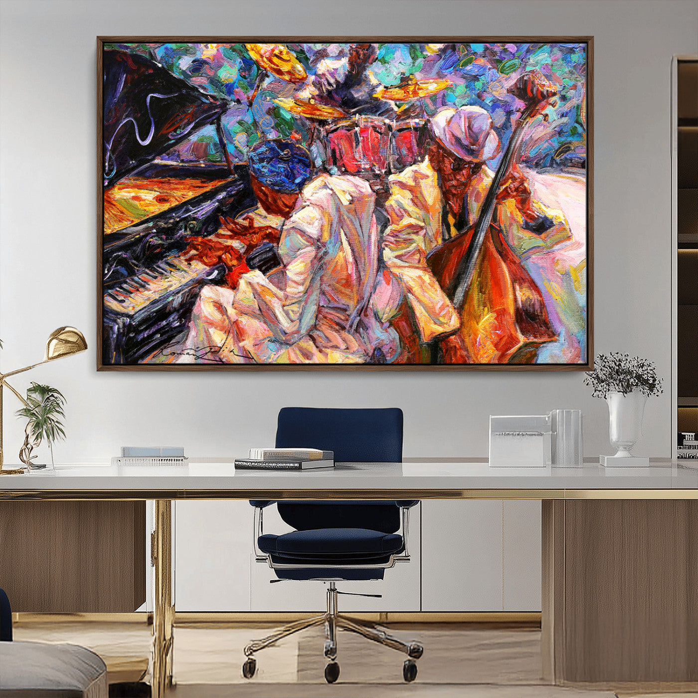 13675-MGV-FC-36X24_Walnut-Jazz Band Wall Art Canvas Print, Framed Jazz Oil Painting Art Picture Print, Vibrant Music Perfect Abstract Musical Decor Artwork