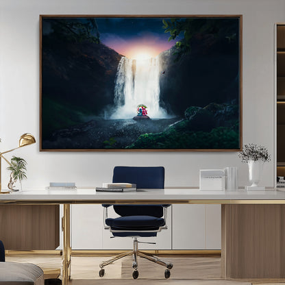 56359-MGV-CV-36X24-Lilo Stitch Wall Art Canvas Print, Framed Stitch Angel Art Picture Print, Cartoon Waterfall Perfect Tropical Fantasy Decor Artwork