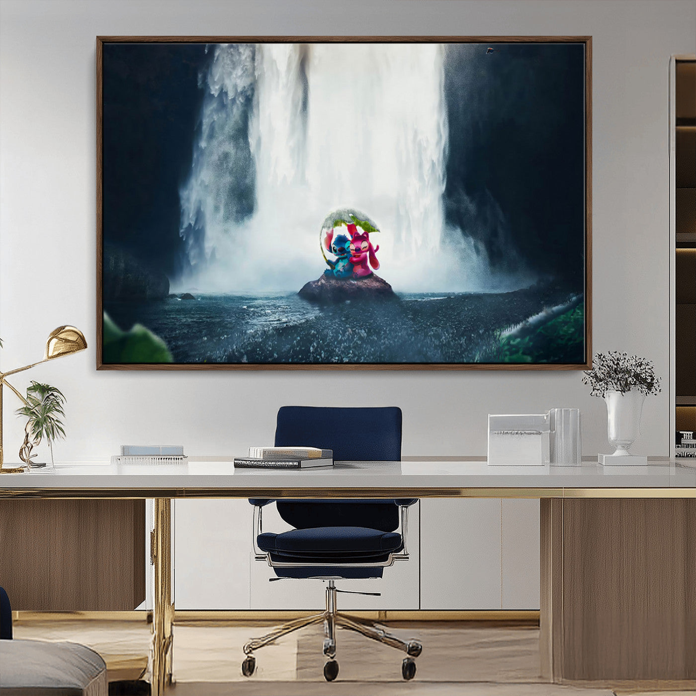 32259-MGV-FC-36X24_Walnut-Stitch Angel Wall Art Canvas Print, Framed Stitch Waterfall Art Picture Print, Cartoon Couple Perfect Moody Fantasy Decor Artwork