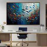 89626-MGV-CV-36X24-Fish Swarm Wall Art Canvas Print, Framed Abstract Ocean Art Picture Print, Underwater Life Perfect Vibrant Coastal Decor Artwork