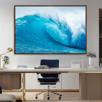 15566-MGV-FC-36X24_Walnut-Ocean Wave Wall Art Canvas Print, Framed Curling Wave Art Picture Print, Vibrant Surf Wave Perfect Coastal Surf Decor Artwork