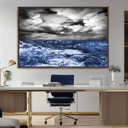 91043-MGV-FC-36X24_Walnut-Stormy Ocean Wall Art Canvas Print, Framed Moody Seascape Art Picture Print, Monochrome Sea Perfect Coastal Drama Decor Artwork