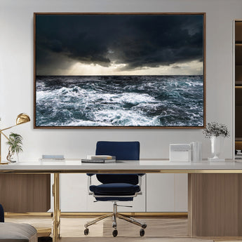 51359-MGV-FC-36X24_Walnut-Stormy Ocean Wall Art Canvas Print, Framed Moody Seascape Art Picture Print, Ocean Storm Perfect Dramatic Coastal Decor Artwork