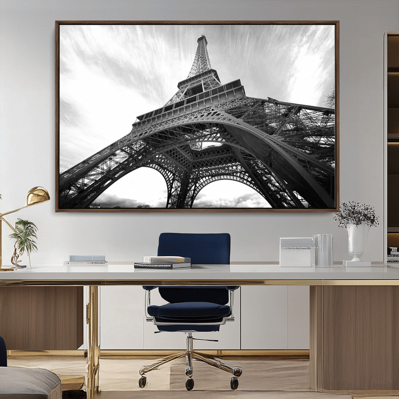 40006-MGV-CV-36X24-Eiffel Tower Wall Art – Black and White Architectural Photo Print, Paris Inspired Decor for Bedroom, Office, Studio or Modern