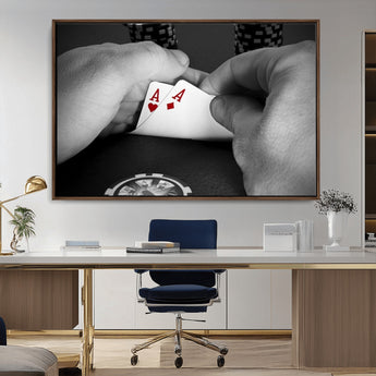 62460-MGV-CV-36X24-Poker Game Wall Art – Close Up of Hands Holding Aces with Chips, Casino Style Decor for Game Room, Man Cave or Office