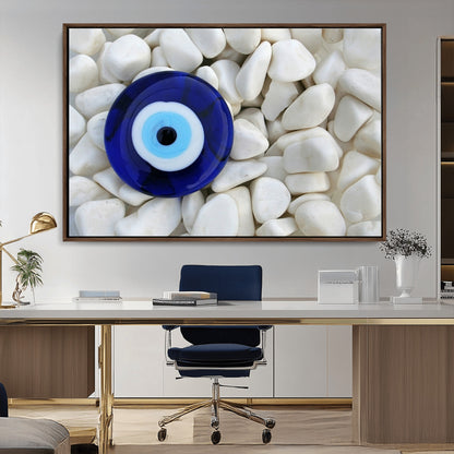 48883-MGV-CV-36X24-Evil Eye Wall Art – Deep Blue Symbol of Presence and Calm on White Stones, Subtle Spiritual Decor for Entryway, Studio, Office or