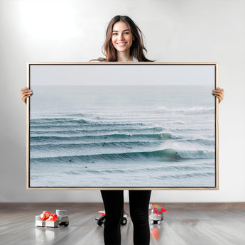 73969318-MGV-CV-36X24-Ocean Waves Wall Art Canvas Print, Framed Surfer Lineup Art Picture Print, Crowded Ocean Perfect Minimal Coastal Decor Artwork
