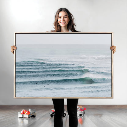 73969318-MGV-CV-36X24-Ocean Waves Wall Art Canvas Print, Framed Surfer Lineup Art Picture Print, Crowded Ocean Perfect Minimal Coastal Decor Artwork