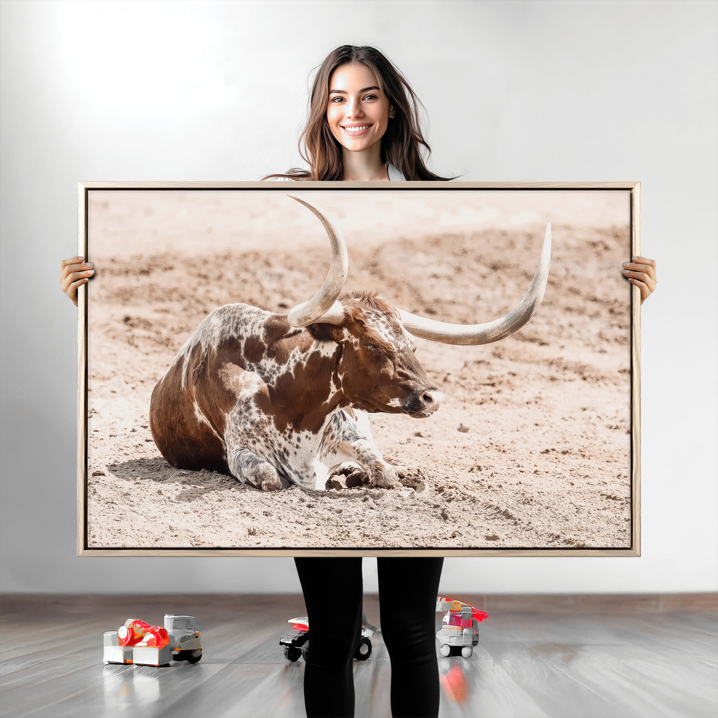 25407592-MGV-CV-36X24-Texas Longhorn Wall Art Canvas Print, Framed Resting Bull Art Picture Print, Spotted Cattle Perfect Rustic Western Decor Artwork