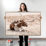 25407592-MGV-CV-36X24-Texas Longhorn Wall Art Canvas Print, Framed Resting Bull Art Picture Print, Spotted Cattle Perfect Rustic Western Decor Artwork