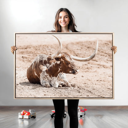 25407592-MGV-CV-36X24-Texas Longhorn Wall Art Canvas Print, Framed Resting Bull Art Picture Print, Spotted Cattle Perfect Rustic Western Decor Artwork