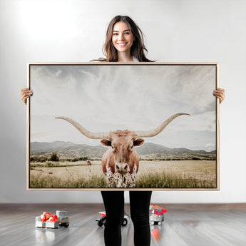 80054319-MGV-CV-36X24-Texas Longhorn Wall Art Canvas Print, Framed Western Cow Art Picture Print, Rustic Farmhouse Perfect Farmhouse Decor Artwork