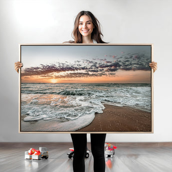 40632752-MGV-CV-36X24-Ocean Sunset Wall Art Canvas Print, Framed Beach Waves Art Picture Print, Coastal Scene Perfect Coastal Decor Artwork