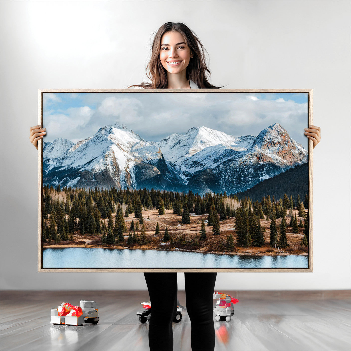 36247746-MGV-CV-36X24-Snowy Peaks Wall Art Canvas Print, Framed Alpine Lake Art Picture Print, Pine Forest Perfect Alpine Wilderness Decor Artwork