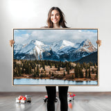 36247746-MGV-CV-36X24-Snowy Peaks Wall Art Canvas Print, Framed Alpine Lake Art Picture Print, Pine Forest Perfect Alpine Wilderness Decor Artwork